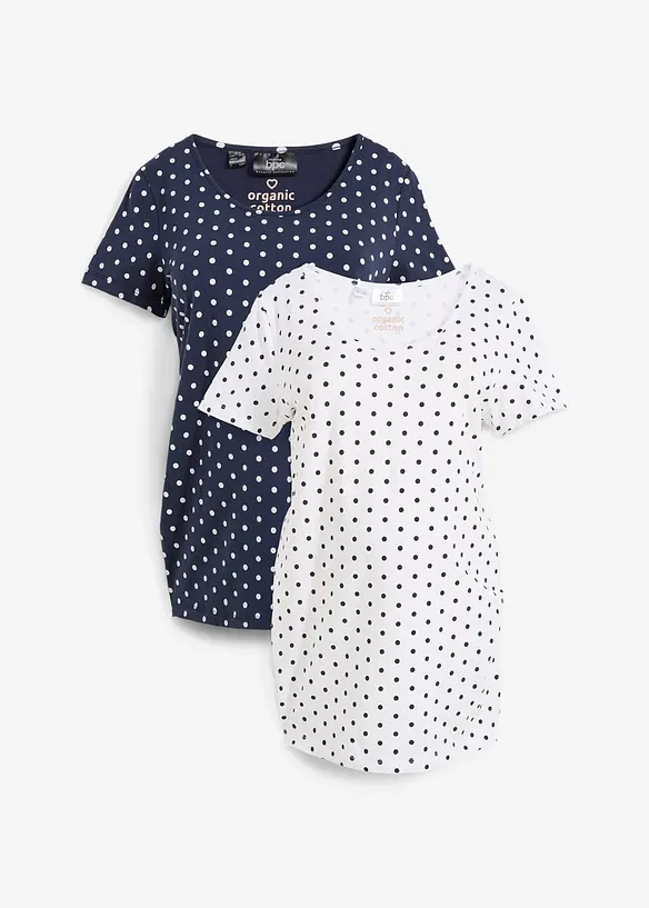 Umstandsshirts aus Bio-Baumwolle (2er-Pack) mit Polka-Dots in weiß von vorne - bonprix