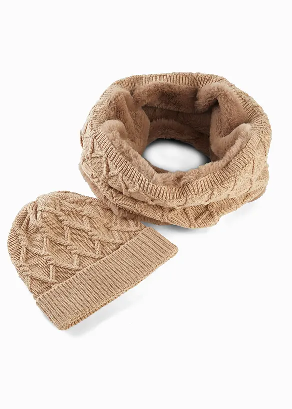 Schal und Mütze (2-tlg. Set) in beige von vorne - bonprix