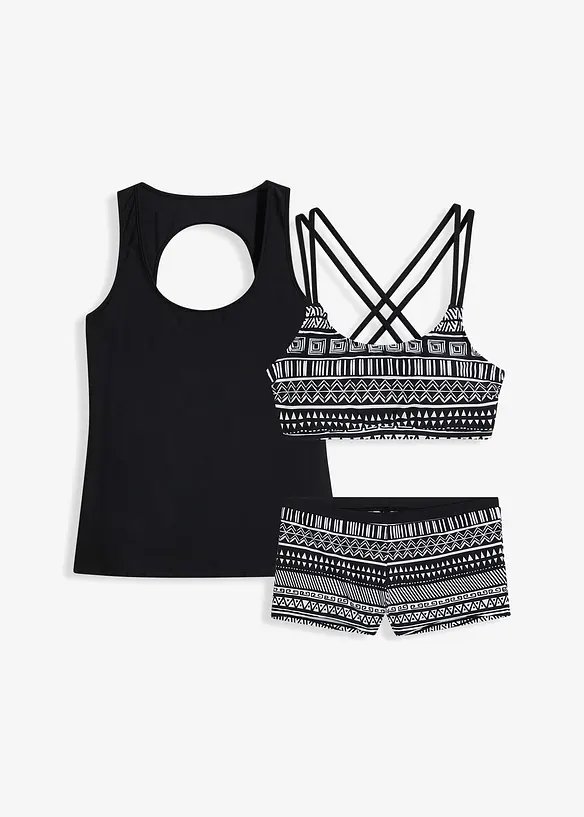 Tankini (3-tlg. Set) mit Bustier-Bikinioberteil in schwarz von vorne - bonprix