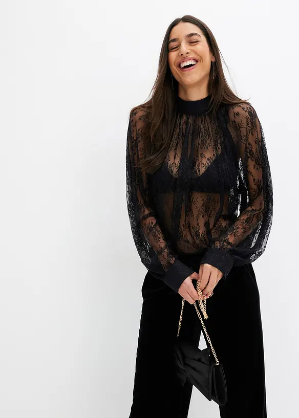 Spitzenbluse mit leichter Transparenz in schwarz von vorne (im Anschnitt) - bonprix Spitzenbluse mit leichter Transparenz in schwarz von vorne (im Anschnitt) - bonprix