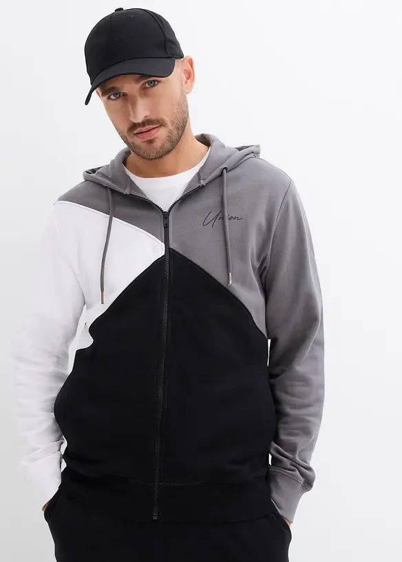 Kapuzen-Sweatjacke aus reiner Bio Baumwolle in grau von vorne (im Anschnitt) - bonprix