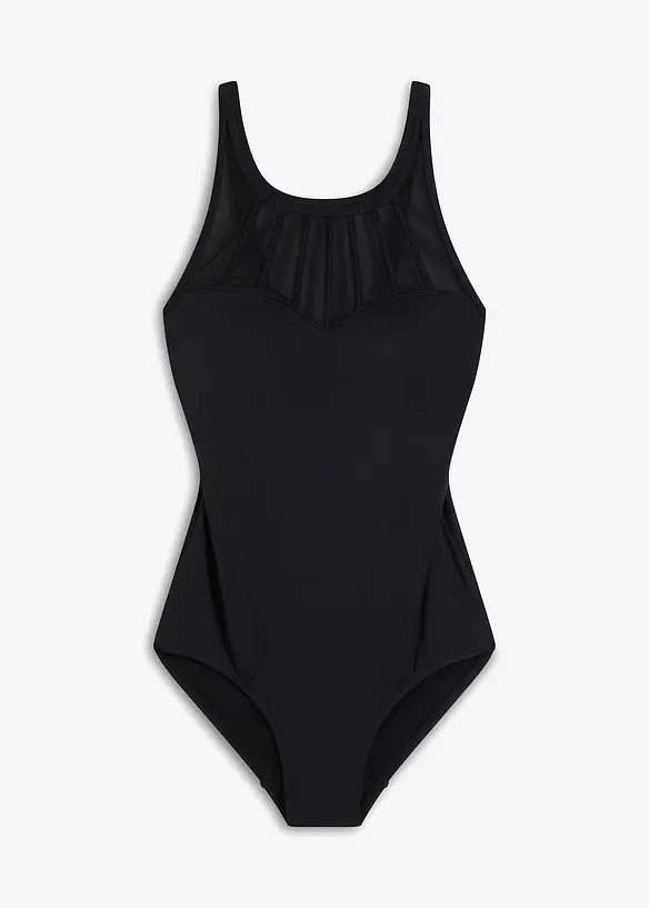 Medium Shape-Badeanzug mit transparentem Mesh in schwarz von vorne - bonprix