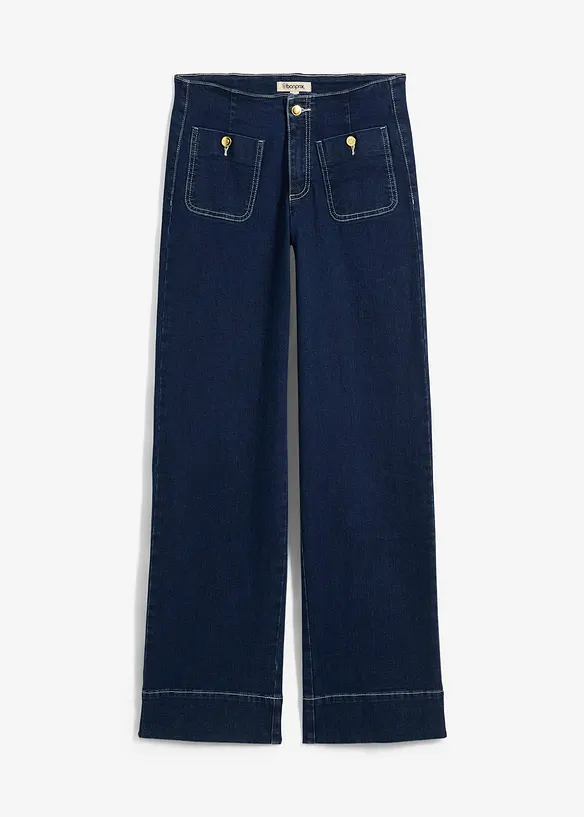 Wide Leg Jeans Mid Waist, Stretch in blau von vorne - bonprix