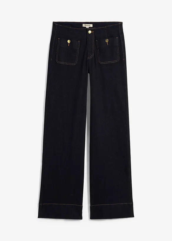 Wide Leg Jeans Mid Waist, Stretch in blau von vorne - bonprix