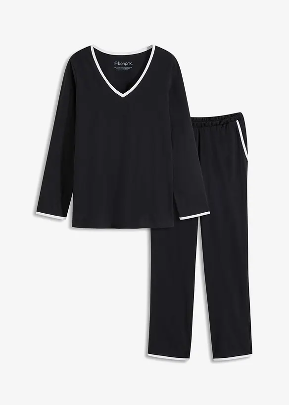 Pyjama aus reiner Baumwolle in schwarz von vorne - bonprix