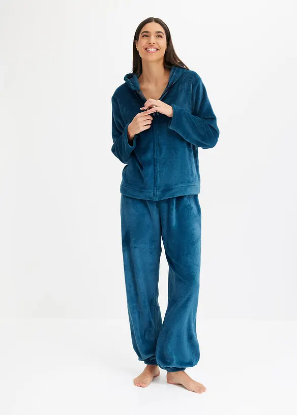 Weit geschnittener Loungewear Hausanzug aus Kuschelfleece in petrol von vorne (Totalaufnahme) - bonprix