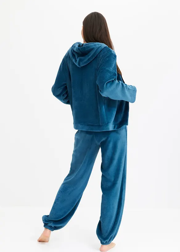Weit geschnittener Loungewear Hausanzug aus Kuschelfleece in petrol von hinten (Totalaufnahme) - bonprix