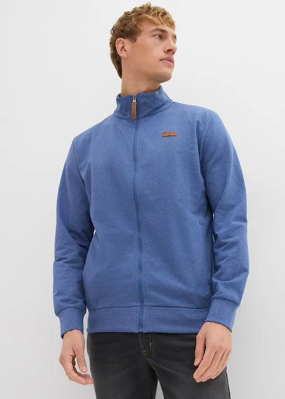 Stehkragen-Sweatjacke mit Lederimitat-Details in blau von vorne (im Anschnitt) - bonprix