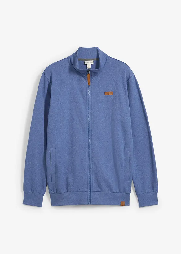 Stehkragen-Sweatjacke mit Lederimitat-Details in blau von vorne - bonprix