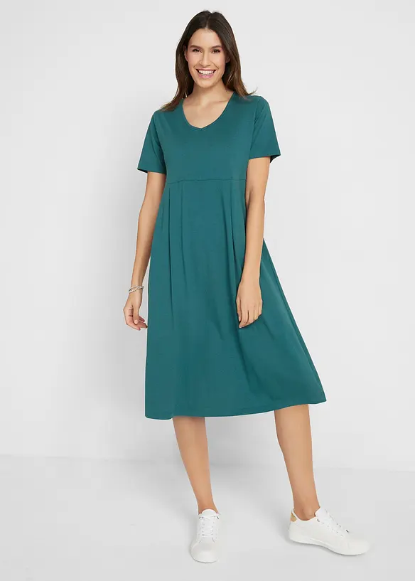 Baumwoll-Jerseykleid, Midilänge in petrol von vorne (Totalaufnahme) - bonprix