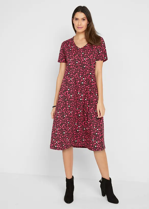 Baumwoll-Jerseykleid, Midilänge in schwarz von vorne (Totalaufnahme) - bonprix