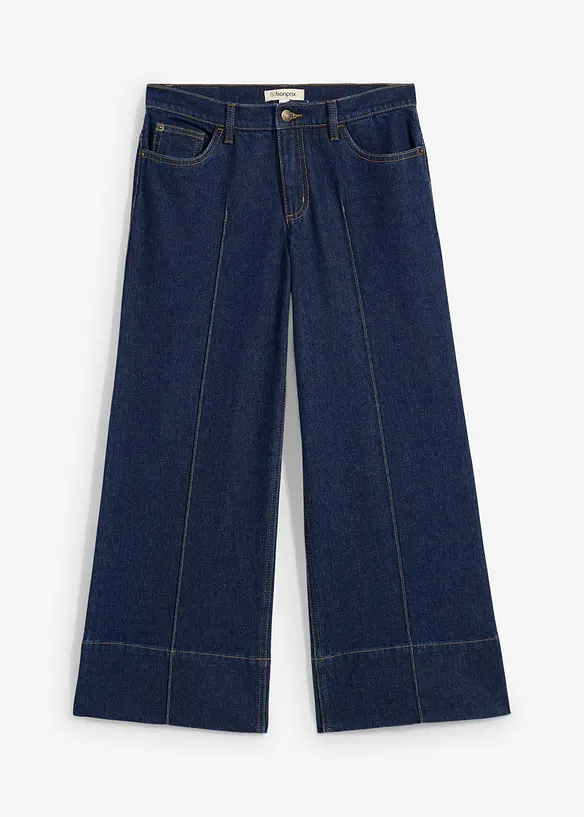 Wide Leg Jeans Mid Waist, cropped in blau von vorne - bonprix