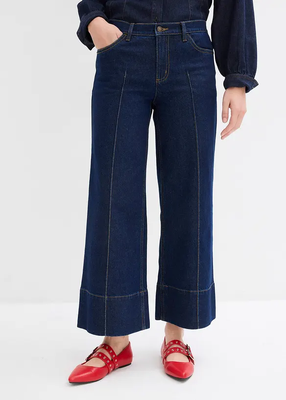 Wide Leg Jeans Mid Waist, cropped in blau von vorne - bonprix