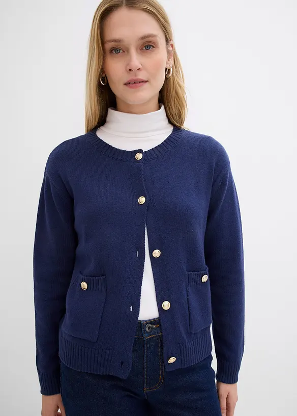 Feinstrickjacke aus Baumwoll-Mix in blau von vorne (im Anschnitt) - bonprix Feinstrickjacke aus Baumwoll-Mix in blau von vorne (im Anschnitt) - bonprix