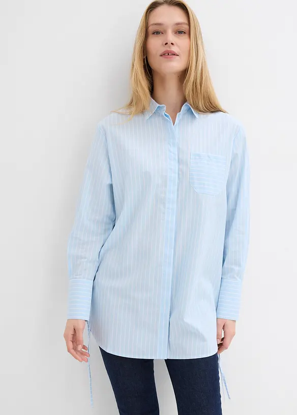 Longbluse  aus reiner Baumwolle in blau von vorne (im Anschnitt) - bonprix