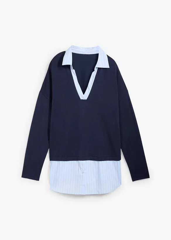 Feinstrickpullover mit Bluseneinsatz in blau von vorne - bonprix