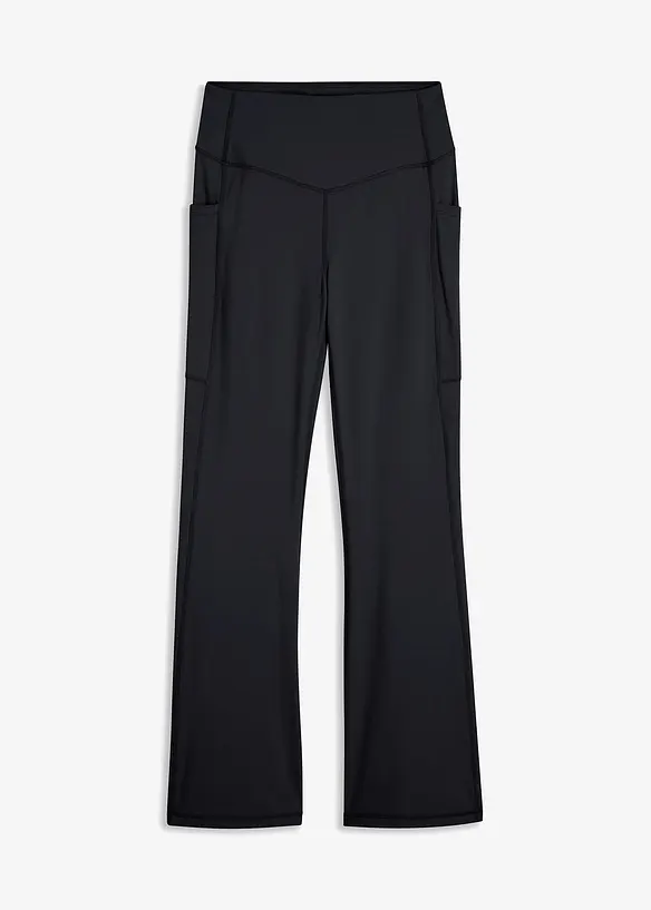 Ausgestellte Komfort Sport-Leggings mit Handytasche, schnelltrocknend in schwarz von vorne - bonprix