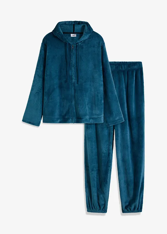 Weit geschnittener Loungewear Hausanzug aus Kuschelfleece in petrol von vorne - bonprix