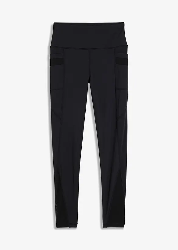 Komfort-Sport-Leggings mit transparentem Mesh und Handytasche in schwarz von vorne - bonprix