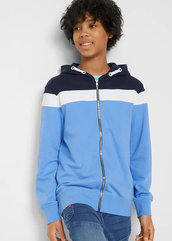 Kapuzen-Sweatjacke aus weichem Baumwoll-Mix in blau von vorne (im Anschnitt) - bonprix