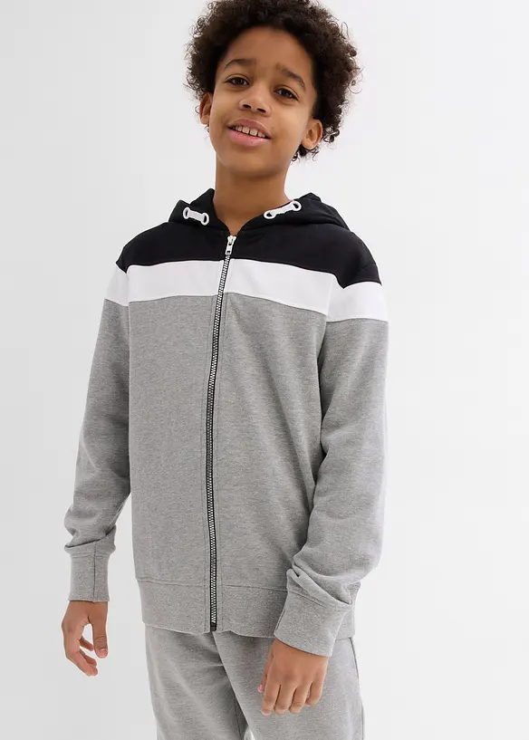 Kapuzen-Sweatjacke aus weichem Baumwoll-Mix in schwarz von vorne (im Anschnitt) - bonprix