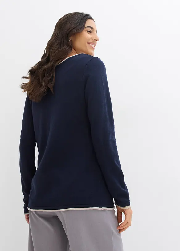 Feinstrickpullover aus Baumwollmix in blau von hinten (im Anschnitt) - bonprix