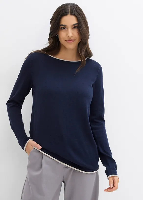Feinstrickpullover aus Baumwollmix in blau von vorne (im Anschnitt) - bonprix