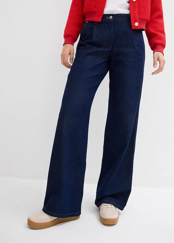 Wide-Leg-Jeans, Mid Waist in blau von vorne - bonprix