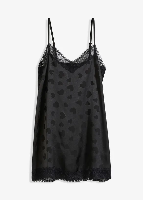 Satin Negligé mit Herzchendesign in schwarz von vorne - bonprix