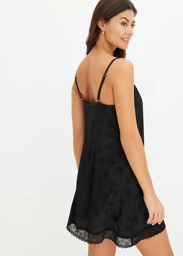 Satin Negligé mit Herzchendesign in schwarz von hinten (Totalaufnahme) - bonprix