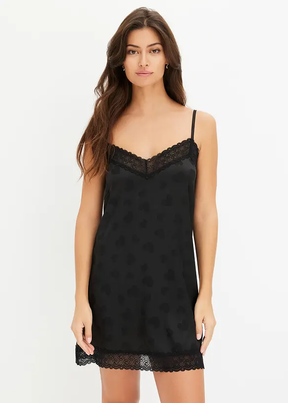 Satin Negligé mit Herzchendesign in schwarz von vorne (Totalaufnahme) - bonprix