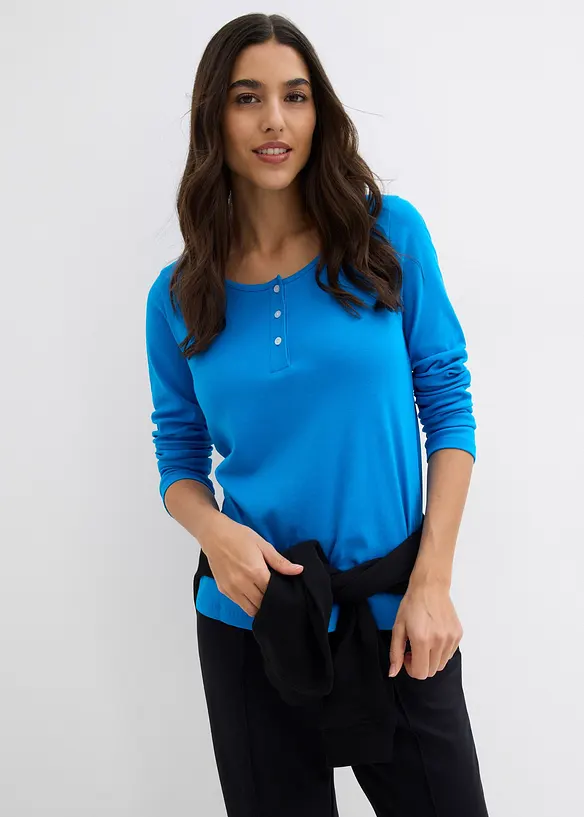 Rundhalsshirt aus reiner Bio-Baumwolle in blau von vorne (im Anschnitt) - bonprix