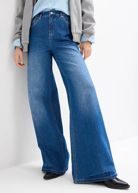 Wide-Leg-Jeans, High Waist, Bequembund in blau von vorne - bonprix
