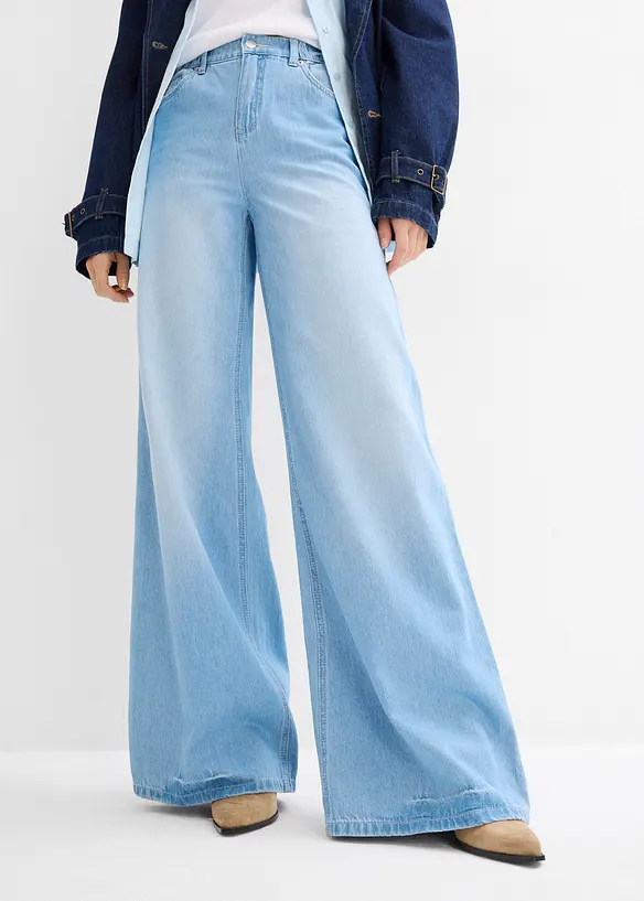 Wide-Leg-Jeans, High Waist, Bequembund in blau von vorne - bonprix