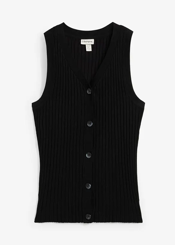 Gerippte Strickweste in schwarz von vorne - bonprix