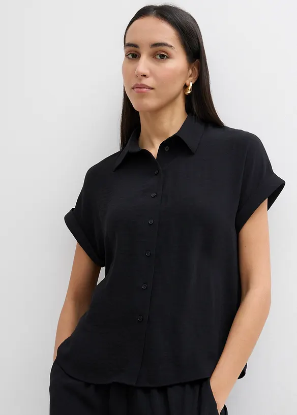 Oversized Bluse aus strukturiertem Crêpe in schwarz von vorne (im Anschnitt) - bonprix