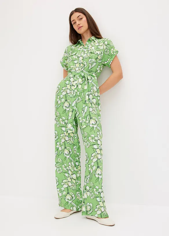 Jumpsuit aus fließendem Viskose-Mix in grün von vorne (Totalaufnahme) - bonprix