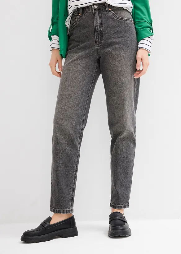 Mom Jeans High Waist, cropped in grau von vorne - bonprix