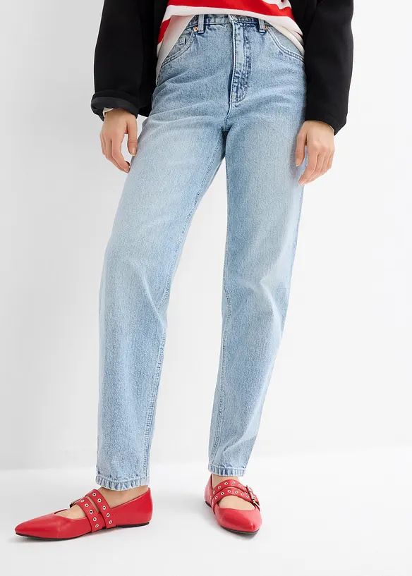 Mom Jeans High Waist, cropped in blau von vorne - bonprix