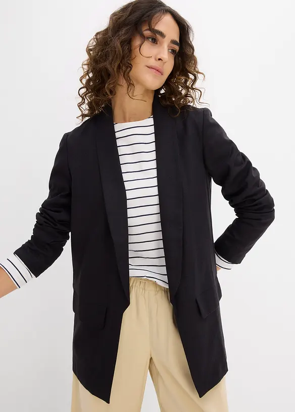 Weit geschnittener Blazer aus Leinen-Viskose-Mix in schwarz von vorne (im Anschnitt) - bonprix