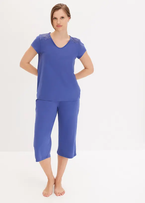 Capri Pyjama mit weiter Culotte in blau von vorne (Totalaufnahme) - bonprix