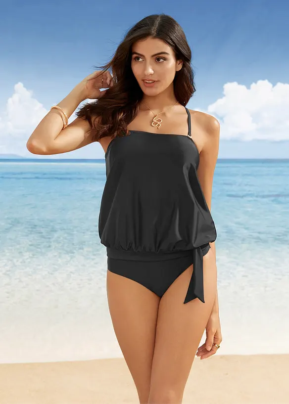 Oversize Tankini mit abnehmbaren Trägern (2-tlg. Set) in schwarz von vorne (Totalaufnahme) - bonprix