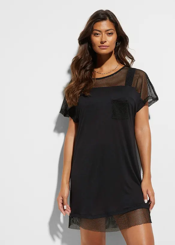 Strand Longshirt aus fließender Viskose in schwarz von vorne (im Anschnitt) - bonprix