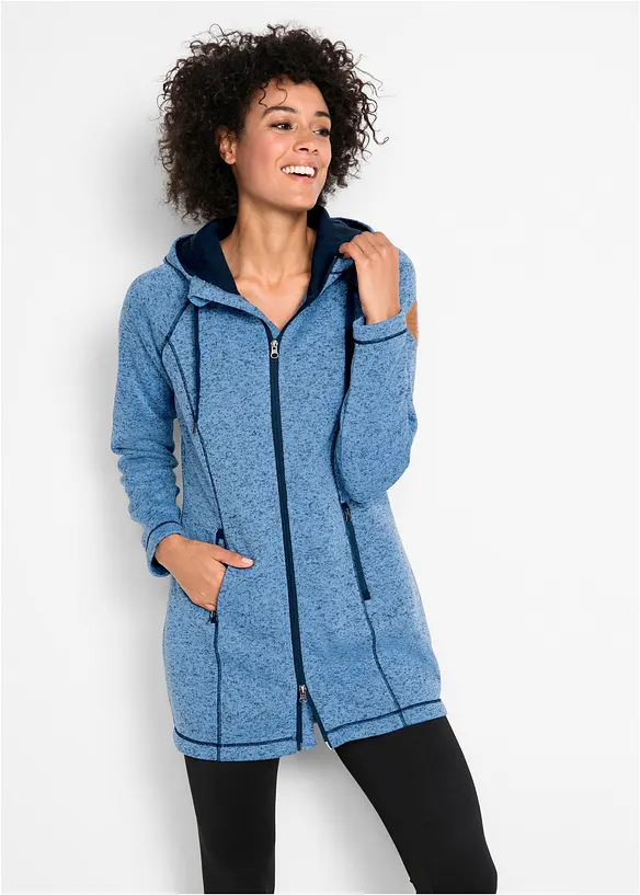 Long-Fleecejacke mit Kapuze in blau von vorne (im Anschnitt) - bonprix