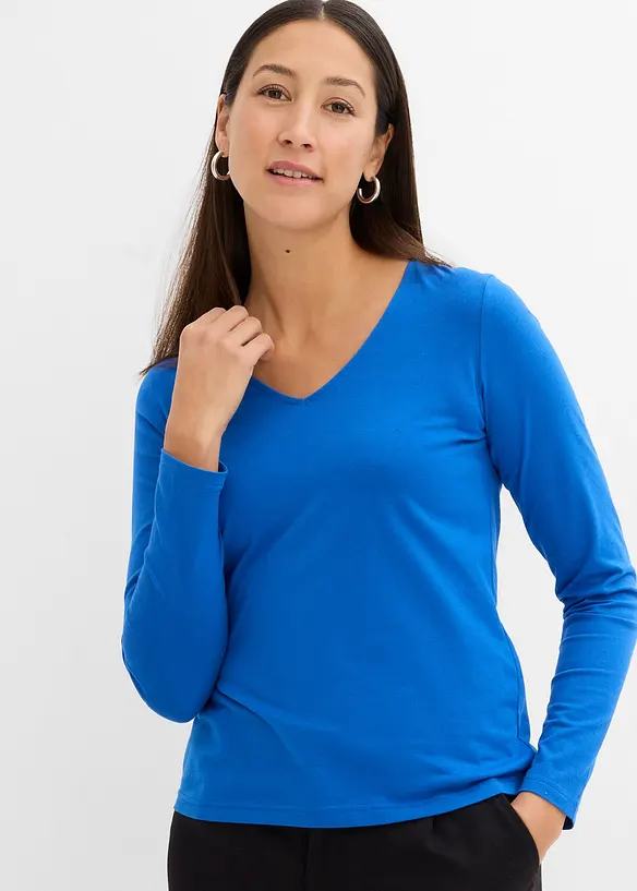 Langarmshirt mit reiner Bio-Baumwolle in blau von vorne (im Anschnitt) - bonprix