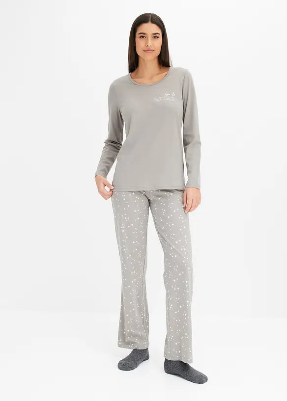 Pyjama aus reiner Baumwolle in grau von vorne (Totalaufnahme) - bonprix
