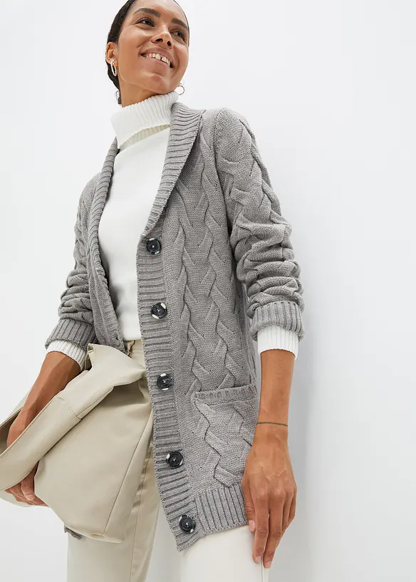 Longstrickjacke mit Schalkragen und Zopfmuster in grau von vorne (im Anschnitt) - bonprix