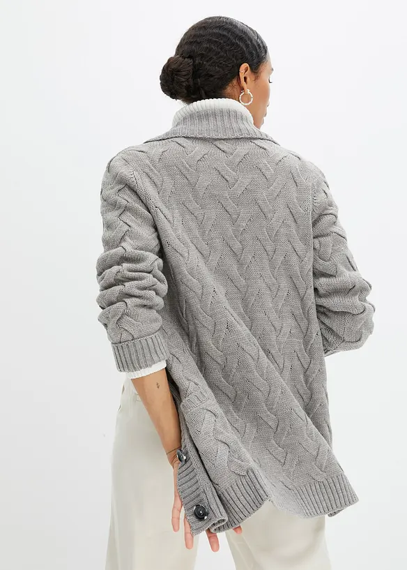 Longstrickjacke mit Schalkragen und Zopfmuster in grau von hinten (im Anschnitt) - bonprix