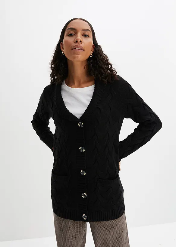 Longstrickjacke mit Schalkragen und Zopfmuster in schwarz von vorne (im Anschnitt) - bonprix