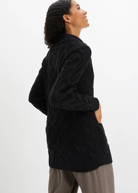 Longstrickjacke mit Schalkragen und Zopfmuster in schwarz von hinten (im Anschnitt) - bonprix
